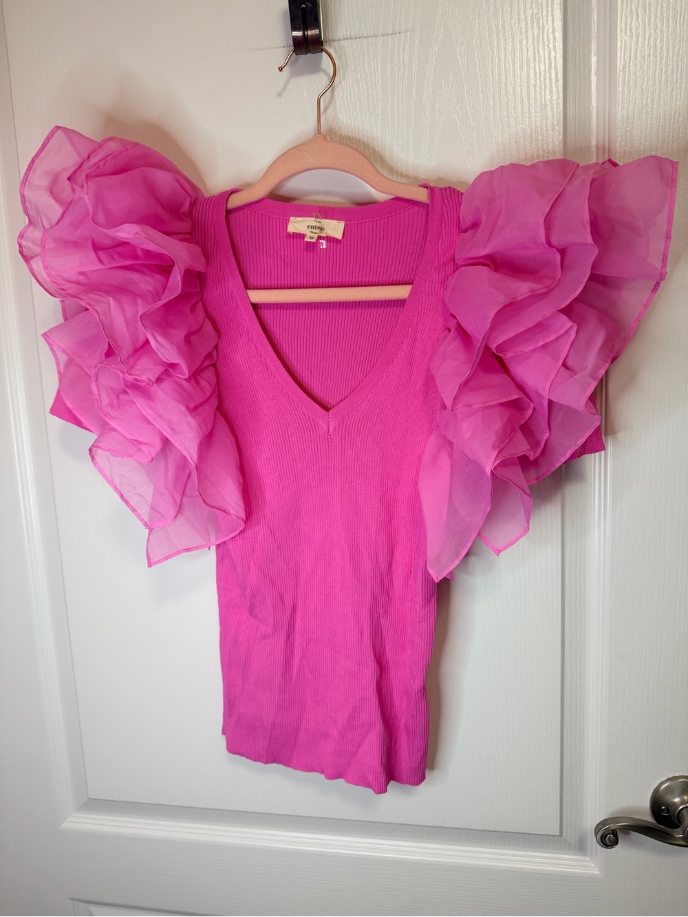 entro Hot Pink V-Neck Ruffle Sleeve Short Sleeve Top